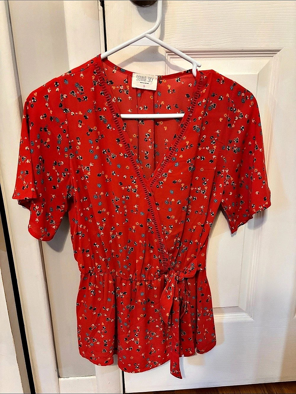 Sienna Sky Red Floral Wrap Peplum Blouse, Red & Blue, Small
